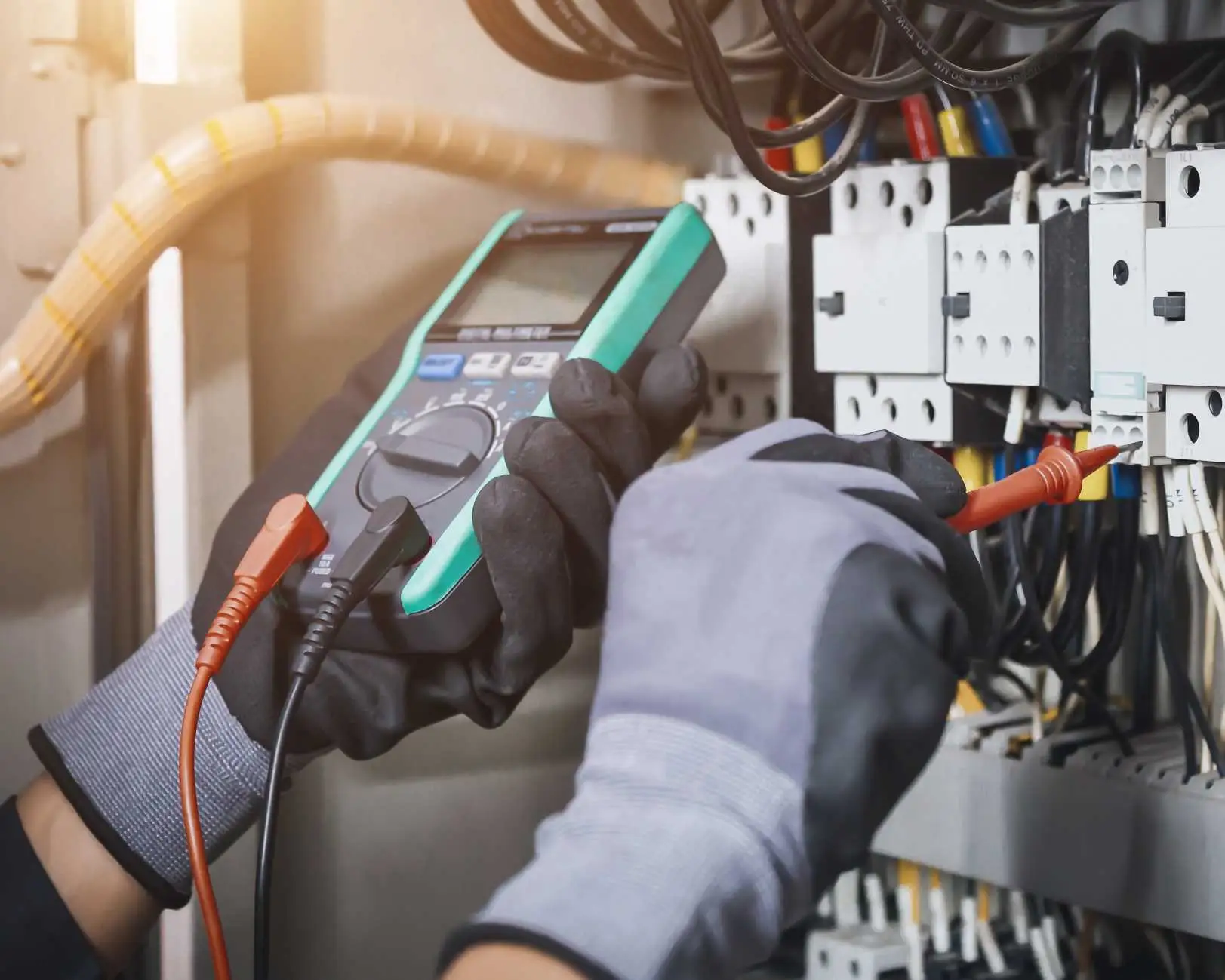 Elettricista che opera su un quadro elettrico con un multimetro.
